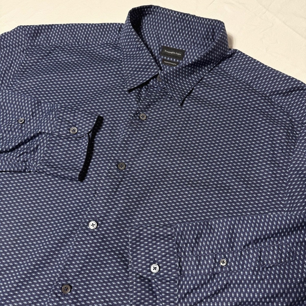 Ermenegildo Zegna Centoquaranta Twill Men's Dress Shirt Size 3XL Blue Geometric
